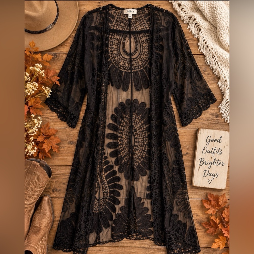 Adiva Black Floral Lace Sheer Kimono Robe